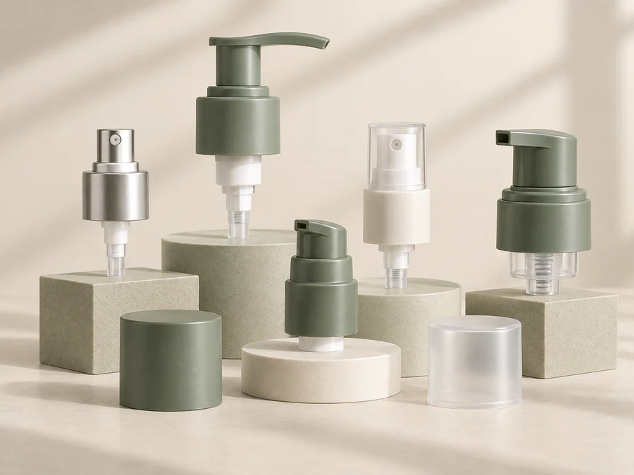 Cosmetic lotion pumps, perfume sprayers, fine mist sprayers, treatment pumps and plastic caps