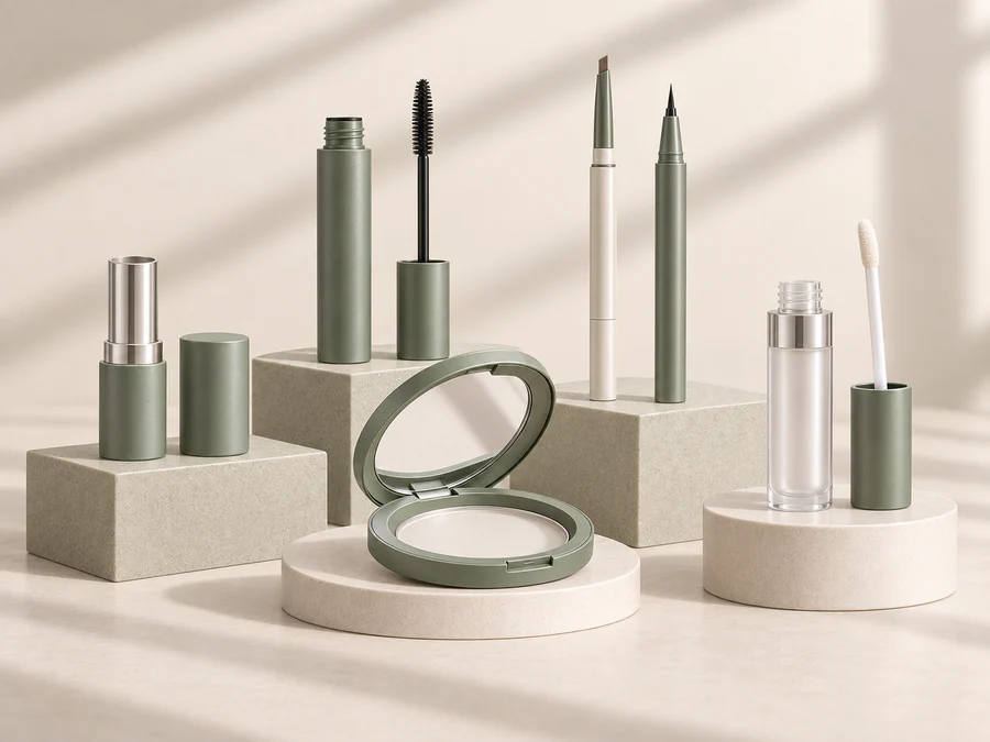 Lipstick, mascara, eyebrow pen, powder compact, eyeliner and lip gloss packaging