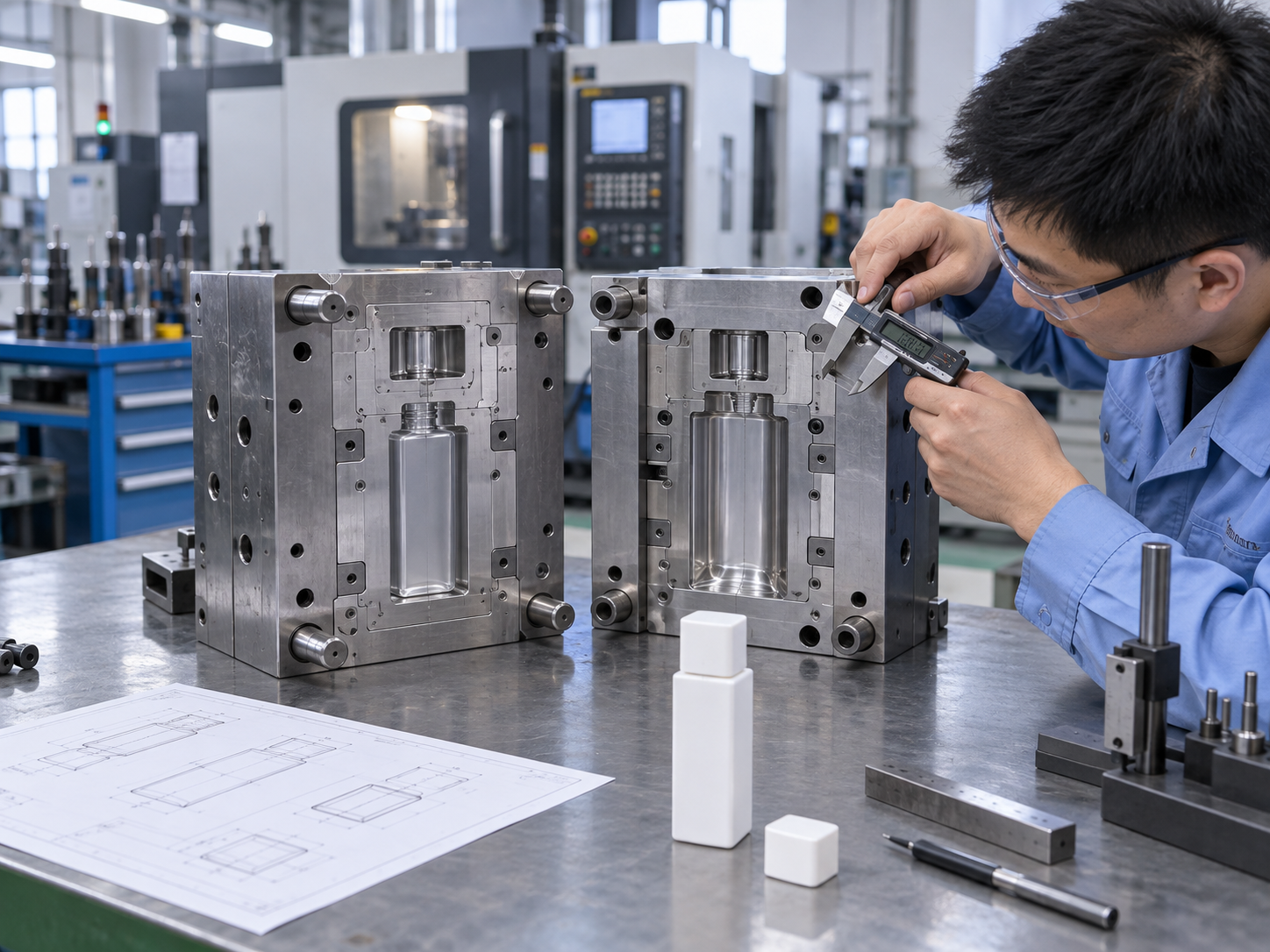 Mold engineer inspecting an open precision steel mold for a cosmetic bottle